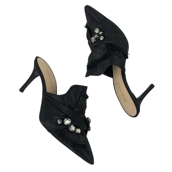 Nine West Black Satin Rhinestone Macadamia Pointed Toe Dress Mules - Picture 4 of 9